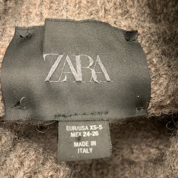 Women's Zara 100% Wool Turtle Neck Fringe Grey Taupe Midi Knit Dress Size XS-S - Picture 9 of 10